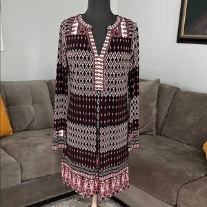 Hale Bob Black and Red Patterned Long Sleeve Dress